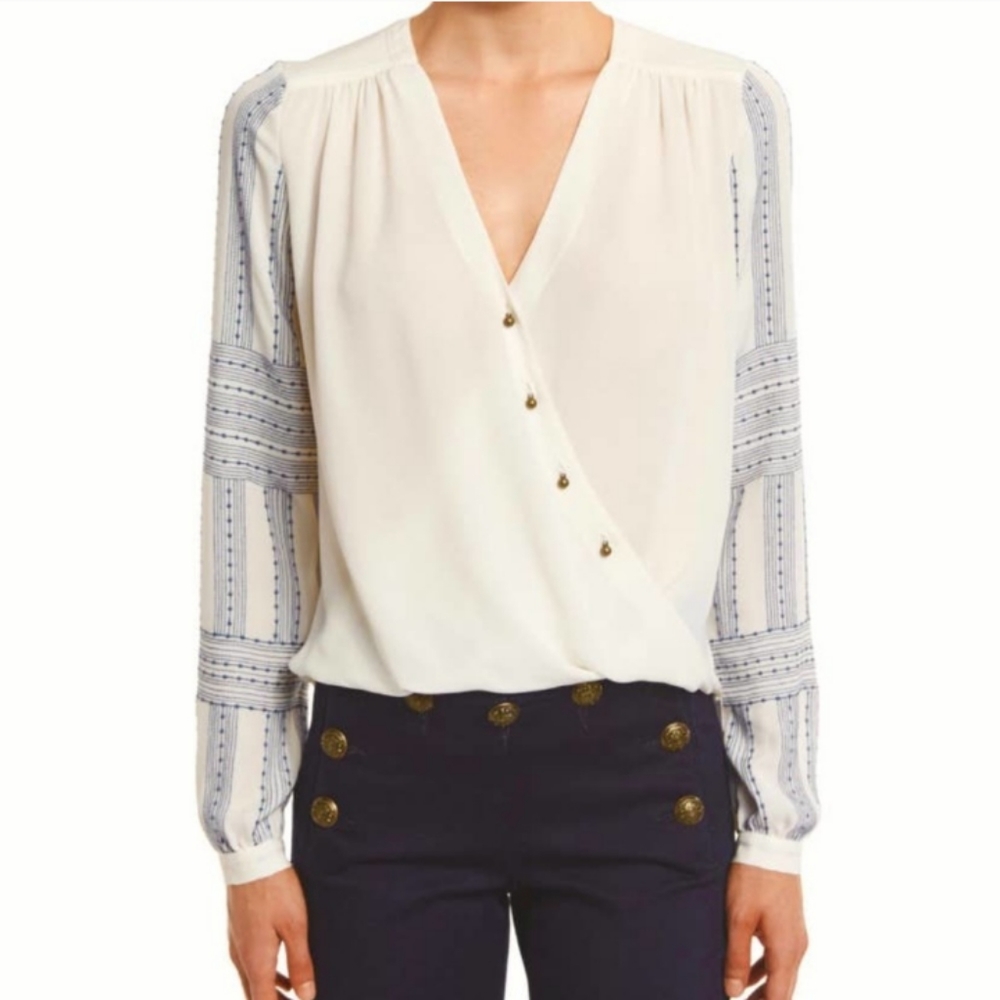 Veronica Beard Cream Blouse with Blue Stripe Sleeves